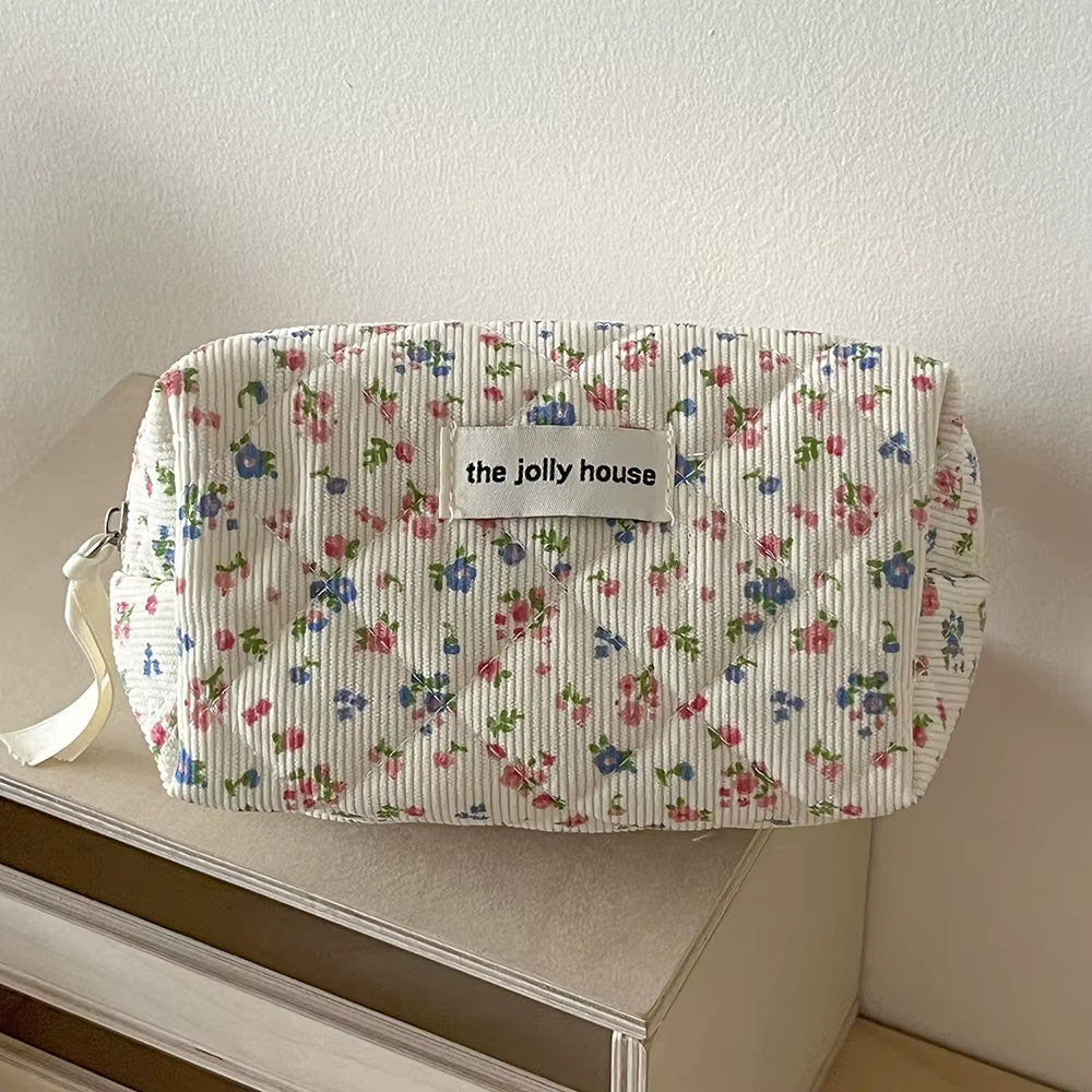 Vintage Flower Women Makeup Bag Portable Ladies Cosmetic Travel Storage Bags Handbags Large Capacity Quilted Cotton Tote Pouch