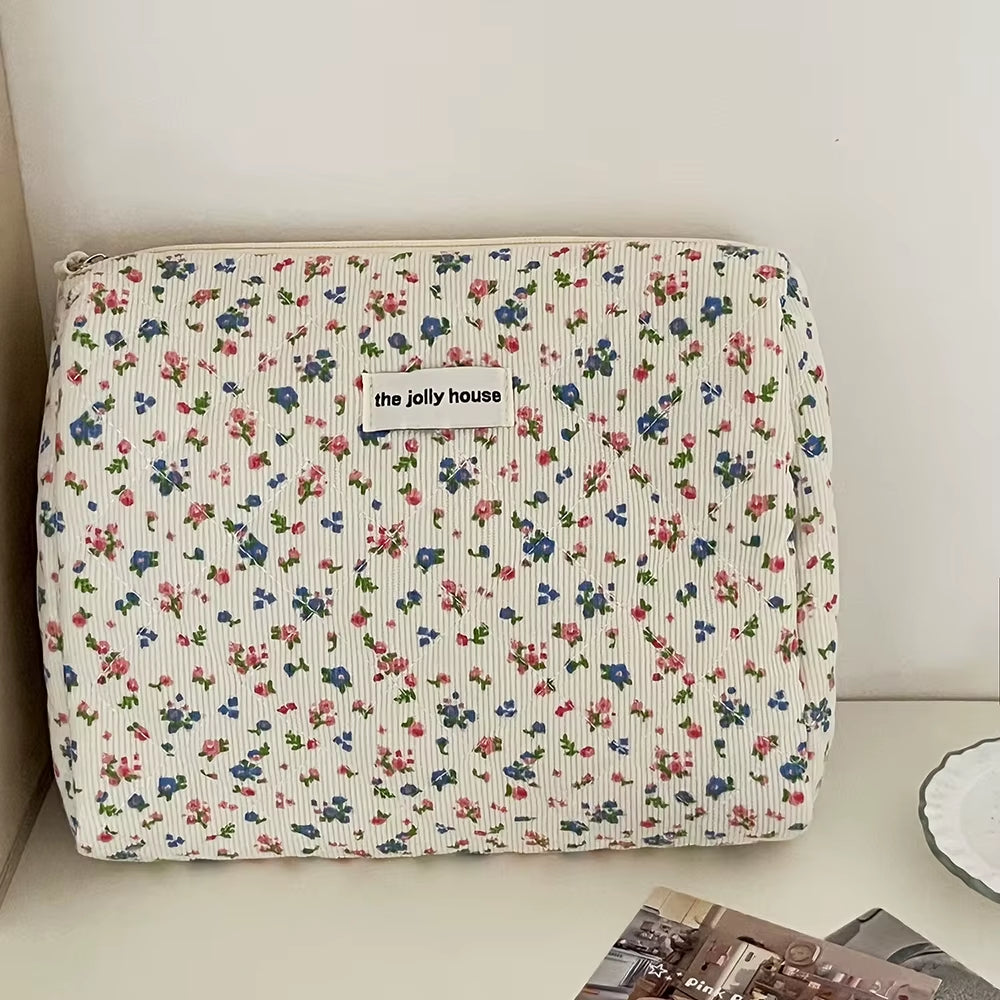 Vintage Flower Women Makeup Bag Portable Ladies Cosmetic Travel Storage Bags Handbags Large Capacity Quilted Cotton Tote Pouch