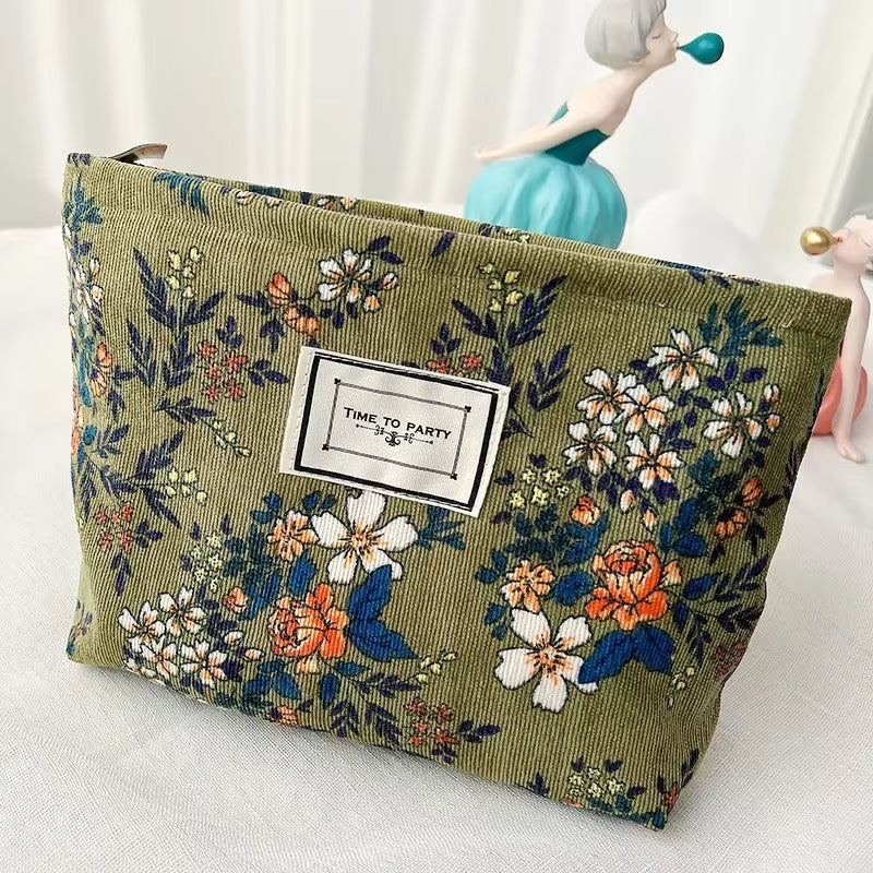 Women'S Cosmetic Bag Corduroy Flower Lipsticks Makeup Bag Korean Student Pencil Case Travel Makeup Brushes Bag Neceser Organizer