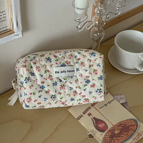 Fashion Vintage Flower Women Makeup Bag Cotton Tote Portable Female Cosmetic Storage Handbag Travel Organizer Zipper Quilted Bag