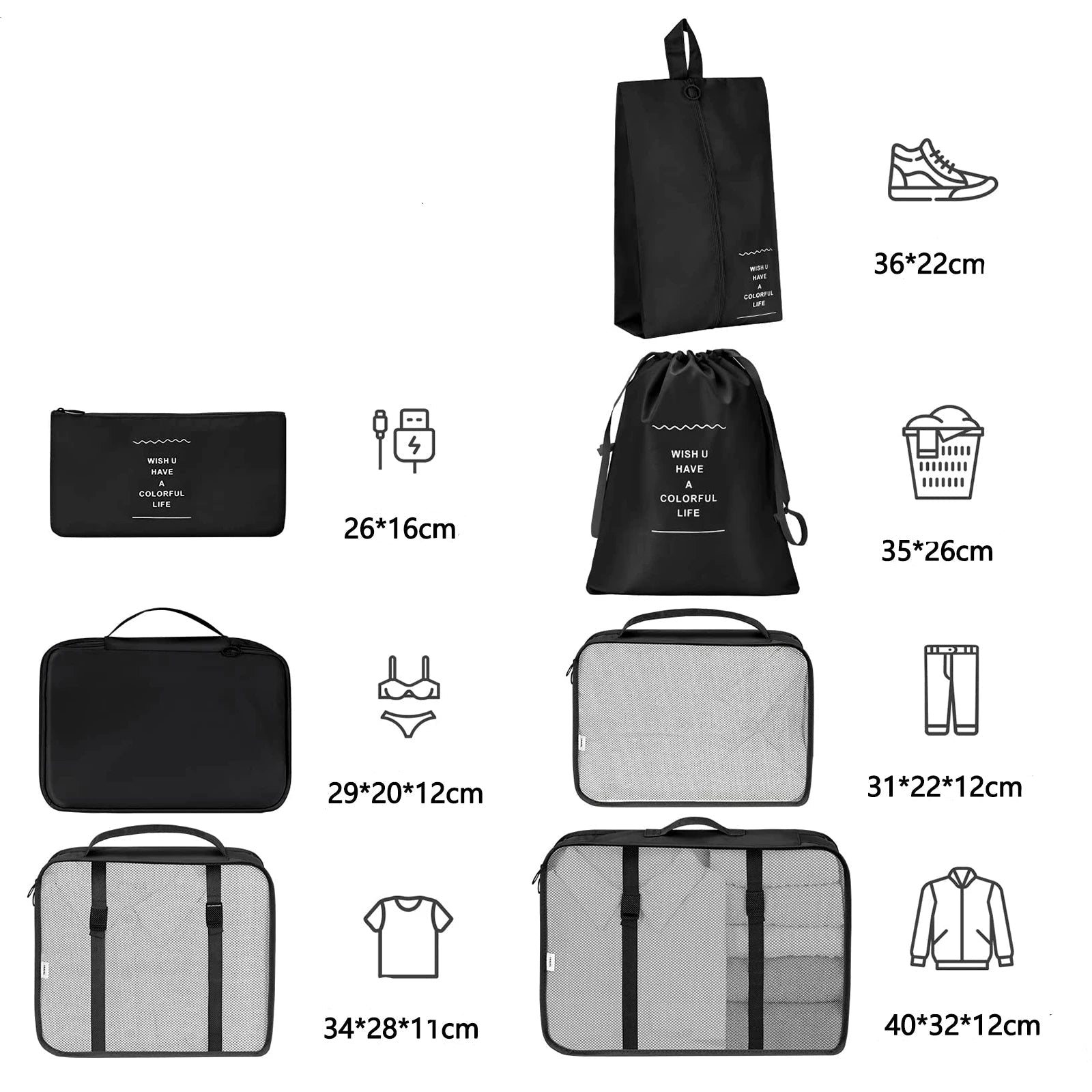 7 Pcs/Set Travel Organizer Storage Bags Suitcase Packing Cubes Set Cases Portable Luggage Clothes Shoe Tidy Pouch Folding.-Zmt