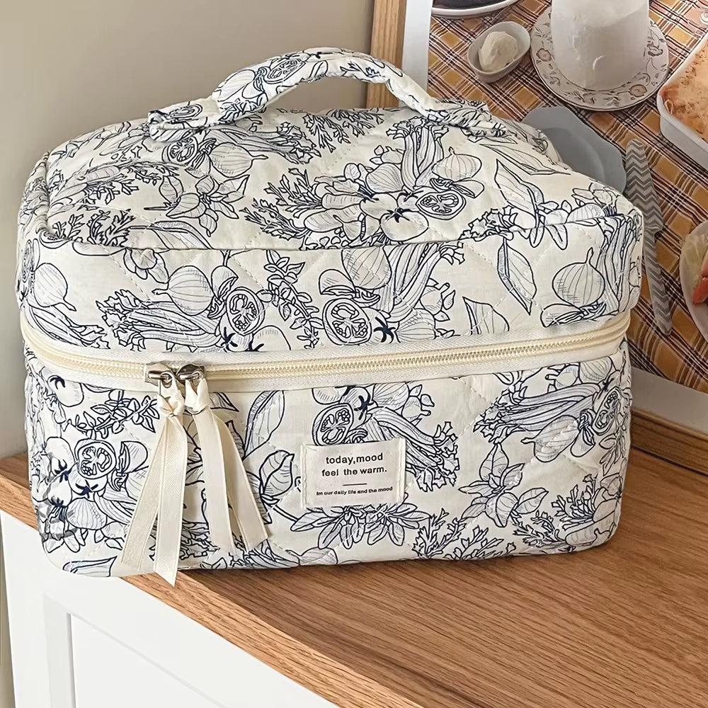 Vintage Flower Women Makeup Bag Portable Ladies Cosmetic Travel Storage Bags Handbags Large Capacity Quilted Cotton Tote Pouch