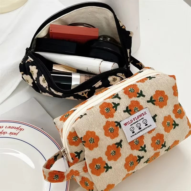 Women'S Cosmetic Bag Corduroy Flower Lipsticks Makeup Bag Korean Student Pencil Case Travel Makeup Brushes Bag Neceser Organizer