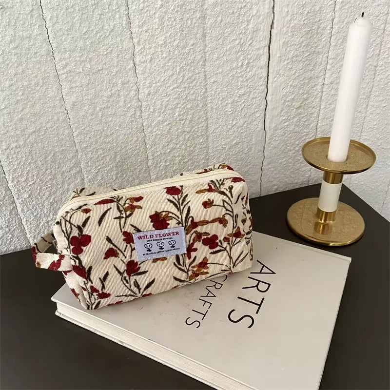 Women'S Cosmetic Bag Corduroy Flower Lipsticks Makeup Bag Korean Student Pencil Case Travel Makeup Brushes Bag Neceser Organizer