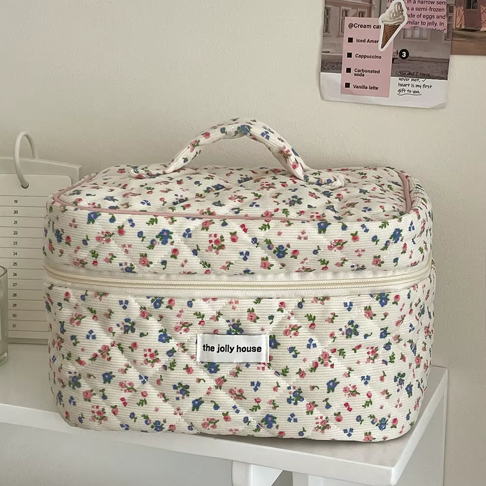 Vintage Flower Women Makeup Bag Portable Ladies Cosmetic Travel Storage Bags Handbags Large Capacity Quilted Cotton Tote Pouch