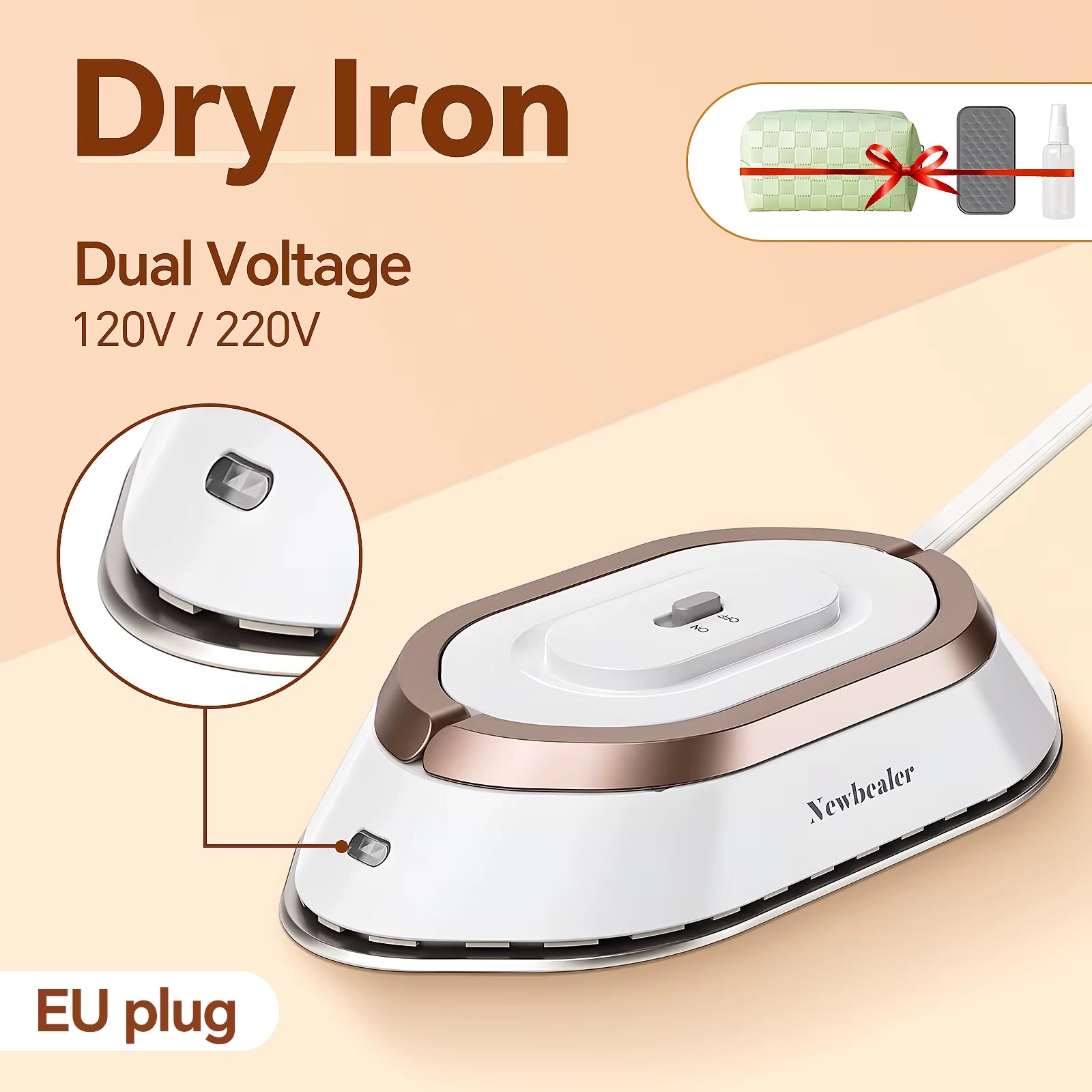 Travel Iron with Dual Voltage 120V/220V Handheld Mini Dry Iron for Clothes No Steam Non-Stick Ceramic Soleplate 30S Fast Heat